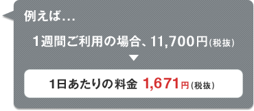 例えば...　１週間ご利用の場合、11,700円(税込) ⇒ 1日あたりの料金 1,671円(税抜)